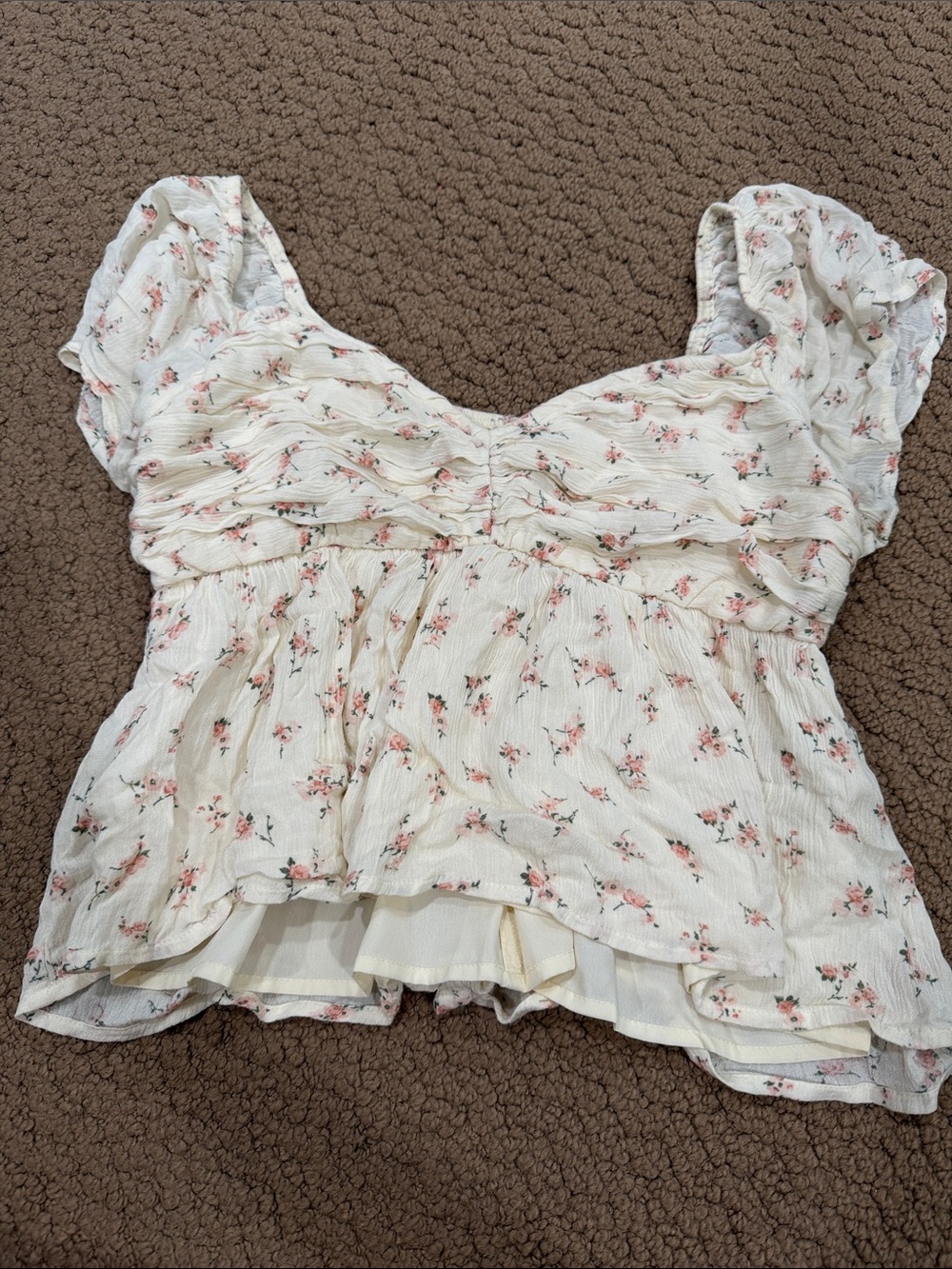 Hollister Cream Floral Ruffled Peplum Top with Pink Flowers